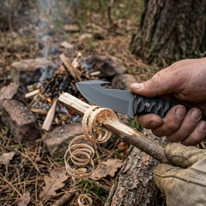 Cuchillo de Hoja Fija Hecho a Mano con Gancho para Tripas, Hoja de Acero al Carbono con Recubrimiento en Polvo, Mango Texturizado Negro, para Camping y Uso General, OEM - Product Image 4