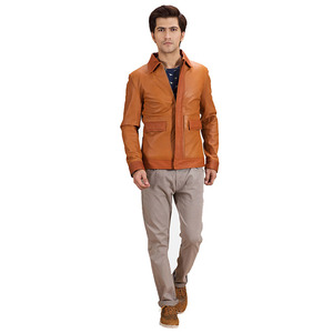 Veste en cuir véritable pour homme, marron, col rabattu, coupe ajustée, hiver, imperméable, respirante, manches classiques, couleur unie - Product Image 4