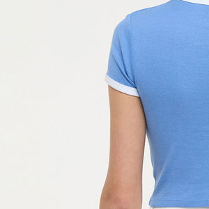 Women's Crew Neck Short Sleeve Solid Color Knitted 100% Cotton Crop Casual Regular Fit Summer Breathable <b>Zipper</b> Blue - Product Image 3