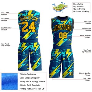 Ensemble de maillots de basket-ball sublimés personnalisés, vert jaune, imprimé éclair, nom de l'équipe, numéro 00, unisexe, adulte, maille respirante - Product Image 4