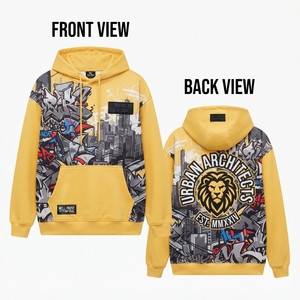 Sudadera con Capucha Premium de 300 GSM, Tejido de Punto, Impresión Digital, Lavado Ácido, Amarillo Multicolor, Paneles con Estampado de Grafiti, Etiqueta Tejida Personalizada - Product Image 1