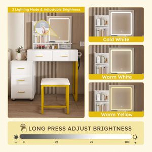 LED Lights 3 Color Power Outlet <b>Makeup</b> <b>Vanity</b> Table with 5 Drawers Sturdy Metal Leg C Metal <b>Makeup</b> <b>Vanity</b> - Product Image 5