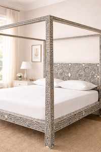 Cama de Plataforma de Madera con Cuatro Postes y Incrustaciones de Hueso Hecha a Mano en India, Tamaños Queen y King, Muebles de Dormitorio - Product Image 4