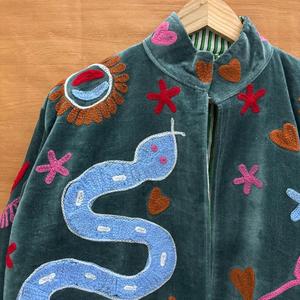 Boho Embroidered Velvet <b>Jacket</b> <b>Women</b> Oversized Snake Applique <b>Zip</b> <b>Up</b> Coat Retro Artsy Outerwear Autumn Wear - Product Image 3