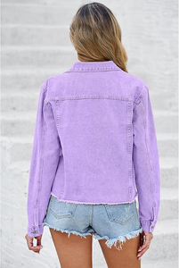 Veste en jean violette pour femme, boutonnée, effet vieilli, en coton, coupe décontractée, printemps automne hiver, style vintage, respirante - Product Image 2