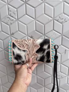 Cartera de mano de cuero de piel de vaca de diseñador, billetera tallada a mano, tarjetas de crédito de cuero de Color turquesa Vintage, regalos en efectivo - Product Image 3