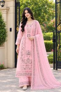 Ensemble Sherwani Palazzo en Georgette de renard brodée vert clair, coupe régulière, longueur cheville, avec dupatta, tenue ethnique traditionnelle pour femme - Product Image 2