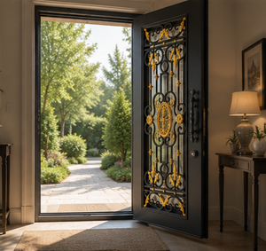 Puerta de Entrada de Hierro Forjado Negra y Dorada de Lujo, Puerta de Seguridad Metálica Decorativa con Vidrio Esmerilado, Diseño Personalizado para Puerta Principal de Villa - Product Image 2