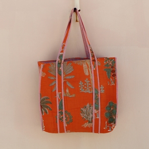 Premium Orange Quilted 100% Cotton <b>Medium</b> Size Tote <b>Bag</b> Long Handle Nature-Inspired Print Lightweight Travel Shopping <b>Bag</b> - Product Image 5