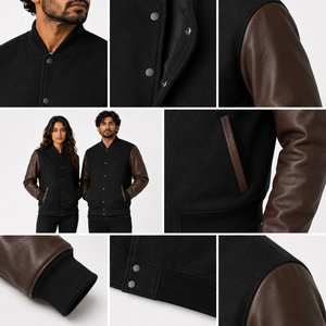 Veste universitaire unisexe noire avec manches en cuir PU marron, coupe classique, col rabattu, fermeture boutonnée, vêtement décontracté pour l'automne - Product Image 6