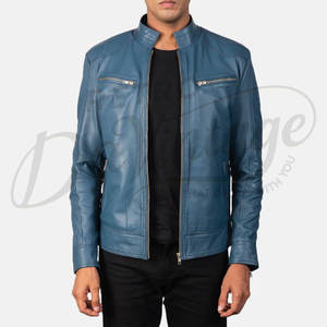 Veste en cuir véritable bleu turquoise pour homme, coupe ajustée, style motard, col montant élégant, manteau d'hiver urbain en cuir véritable - Product Image 1