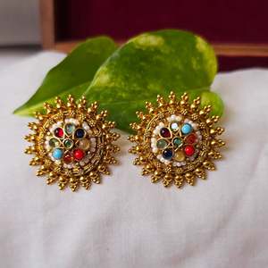 Navaratna Big Stud Earrings-Classic Trendy Geometric Heart Design Zinc Alloy with Imitation Pearl - Product Image 1