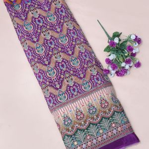 Tela de crepé tejida floral morado real con bordado, 54 pulgadas, ligera, con borde Daman, pieza cortada para Kurti, Túnica, Anarkali, Vestido, Lehenga - Product Image 4