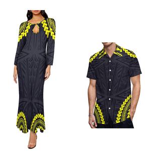 Conjunto de Dos Piezas de Moda: Vestido Largo Estilo Sirena con Diseño Tribal Polinesio y Camisa Aloha de Talla Grande para Hombre - Product Image 2