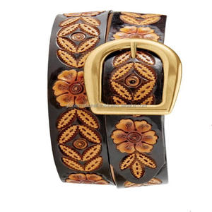 Cinturón de herramientas de cuero occidental de grano completo negro en relieve floral tallado a mano clásico para unisex con juego de hebilla de latón - Product Image 6