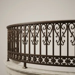 Rampe de balcon en fer forgé courbée et ornée, design complexe à motifs festonnés, clôture de terrasse extérieure classique, barre de sécurité en métal antirouille - Product Image 1