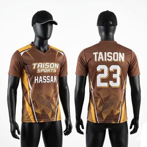 Camiseta de Tenis de Mesa para Hombre, 150 GSM, Transpirable, Poliéster Interlock, Paneles Laterales Marrón, Dorado y Blanco, Logotipo Personalizado por Sublimación - Product Image 1