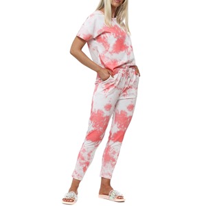Ensemble de survêtement tie-dye pour femmes, manches courtes, col rond, pantalon de jogging long avec poches latérales, tenue décontractée d'été, design dégradé de couleur - Product Image 5