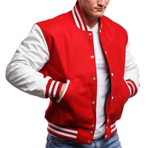 <b>Men's</b> Red <b>White</b> Varsity <b>Jacket</b> Preppy Style Regular Fit Turn-down Collar Button Closure Polyester Cotton Shell - Product Image 3