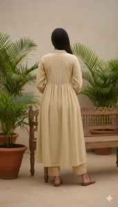 Conjunto de Pantalón y Kurta Largo para Mujer, Cuello en V, Corte Regular, Estilo Étnico Festivo, Tela de Lona, Estilo Indio-Pakistaní - Product Image 3