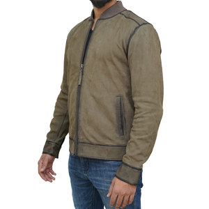 <b>Men's</b> Olive Green Suede Bomber <b>Jacket</b> With Zipper Closure Casual Stand Collar Regular Fit Available For Sale - Product Image 5