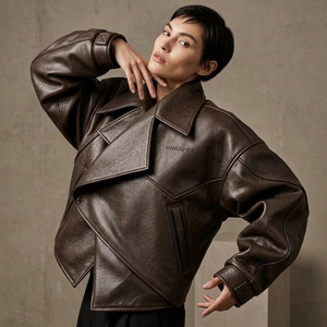 Unisex Brown Leather Turn-down Collar Short Loose Fit <b>Jacket</b> <b>Racing</b> Biker <b>Jacket</b> Custom Leather Riding <b>Jacket</b> Wholesale - Product Image 4