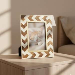 Handmade Wooden & Bone Inlay Photo <b>Frame</b> | Chevron Pattern Decor | Wooden Hand Crafted <b>Picture</b> <b>Frame</b> Home Decor - Product Image 1