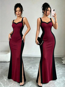Vestido de Verano Elegante, Corte en A, con Abertura, Casual, Sin Mangas, Espalda Descubierta, Color Sólido, Largo hasta el Suelo, Cintura Natural, Poliéster Satinado - Product Image 3