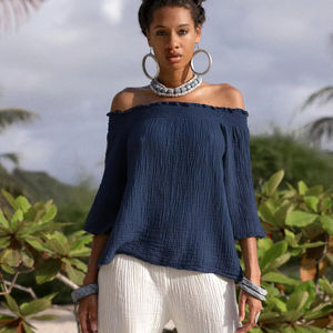 Blusa de algodón fruncida para mujer, color óxido, con hombros descubiertos y manga acampanada, de gasa de algodón supersuave, manga larga, estilo bohemio, para verano - Product Image 1