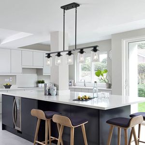 Lampadario Moderno Industriale a 5 Luci da 37 Pollici, Struttura in Metallo Nero Opaco, Paralumi in Vetro Trasparente, Lampada a Sospensione per Sala da Pranzo - Product Image 2