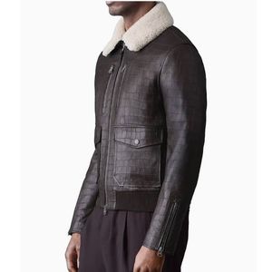 leather <b>jacket</b> featuring a croc-embossed finish and a removable <b>shearling</b> collar - Product Image 2
