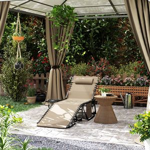 Beige <b>Folding</b> Outdoor Chaise Lounge Chair with 5-Level <b>Adjustable</b> Back and Side <b>Table</b> Pillow Pocket-for Tanning - Product Image 2
