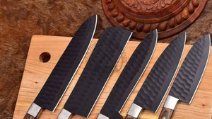 New Brand Custom Handmade J2 Steel Powder Coated <b>Sharp</b> Hammered Blade 5-Piece Ambidextrous Professional Kitchen Chef <b>Knife</b> <b>Set</b> - Product Image 3