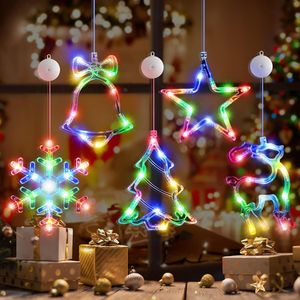 Set di 5 Decorazioni Luminose Natalizie per Finestre a Batteria con Timer, Fiocchi di Neve Multicolore, Alberi e Stelle Decorazioni Appese - Product Image 1