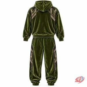 Ensemble de survêtement en velours premium Olive Velvet District 280 GSM avec strass et cristaux, comprenant un sweat à capuche et un pantalon ample, pour un look décontracté et tendance. - Product Image 2