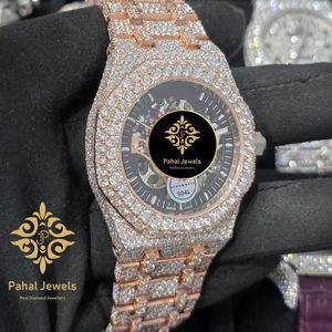 Montre mécanique squelette pour homme en or rose, sertie de moissanite - Product Image 4