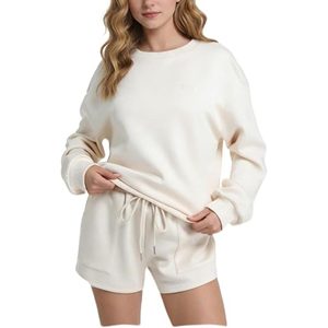 Solid Color Two Piece Women Long Sleeve Crew Neck Sweatshirt & Drawstring Wide Leg Shorts Lounge Home Outfit <b>Twin</b> <b>Sets</b> - Product Image 1
