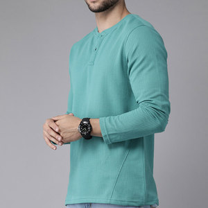 Camiseta de Manga Larga para Hombre, Cuello Redondo, Tejido Waffle, Color Sólido, Corte Ajustado, Informal, Transpirable, de Algodón - Product Image 1
