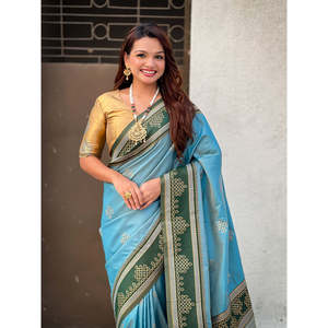 Traditional Zari Contrast Woven Saree Soft Silk Baby Blue <b>Club</b> <b>Dress</b> with Elegant Style - Product Image 5