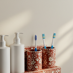 Handcrafted Floral Bone Inlay Bathroom Organizer Set <b>Wall</b>-Mounted Vanity Shelf with Soap Dispensers and <b>Toothbrush</b> <b>Holders</b> - Product Image 2