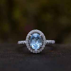 Anillo de compromiso de aguamarina con corte ovalado y halo, piedra de nacimiento de marzo, plata de ley 925, gema azul, anillo de boda para mujer - Product Image 4