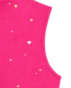 Débardeur court côtelé rose vif personnalisé à col montant sans manches avec imprimé cœurs et étoiles pour femme, coupe ajustée extensible, mode estivale - Product Image 6