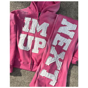 Conjunto de Sudadera con Capucha y Pantalones de Chándal con Cremallera, Estilo Desgastado, Parches y Lavado Ácido, de Moda, Casual, Estilo Urbano - Product Image 3