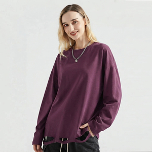 T-shirt Grunge Oversize Femme Effet Usé Coupe Ample Épaules Tombantes Manches Longues Col Rond Tissu Épais - Product Image 3