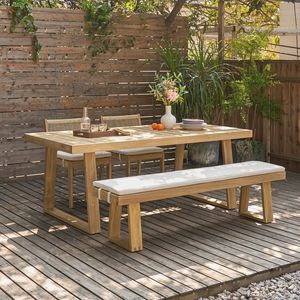 Teak Outdoor Garden Furniture Set 6 Seater Contemporary Wooden <b>Table</b> <b>Chairs</b> <b>Bench</b> Weather Resistant - Product Image 2