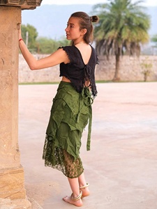 Falda Bohemia Verde Oliva con Volantes y Encaje, Asimétrica, a Media Pantorrilla, Estilo Vestido de Verano para Mujer - Product Image 1