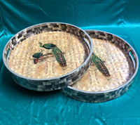 Plateau de service rond en bois imprimé de motifs floraux de luxe, fait main, multifonctionnel, provenant d'Inde