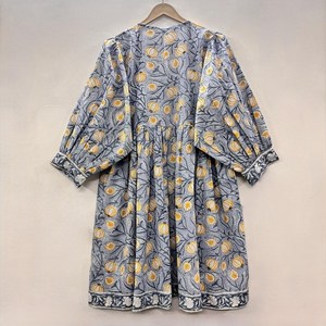 Vestido Midi Informal de Algodón Tejido para Mujer, Color Liso, Manga Corta, Cintura Imperio, Estilo Babydoll, Cuello en V, Holgado, para Todas las Temporadas - Product Image 3