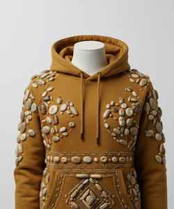 Sweat à capuche Elite Terracotta Stone Appliqué – Polaire Ocre Premium, Ornements Détaillés Faits Main en Pierres et Perles - Product Image 2