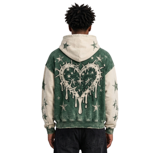 Sudadera con Capucha de Algodón Denso Premium, Verde Bosque y Crema, Paneles Bicolor, Bolsillo Canguro, Manga Larga - Product Image 2